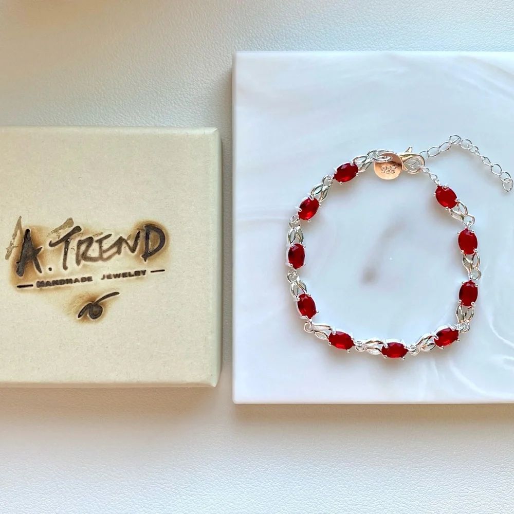 Silver Red Oval Gemstone Bracelet